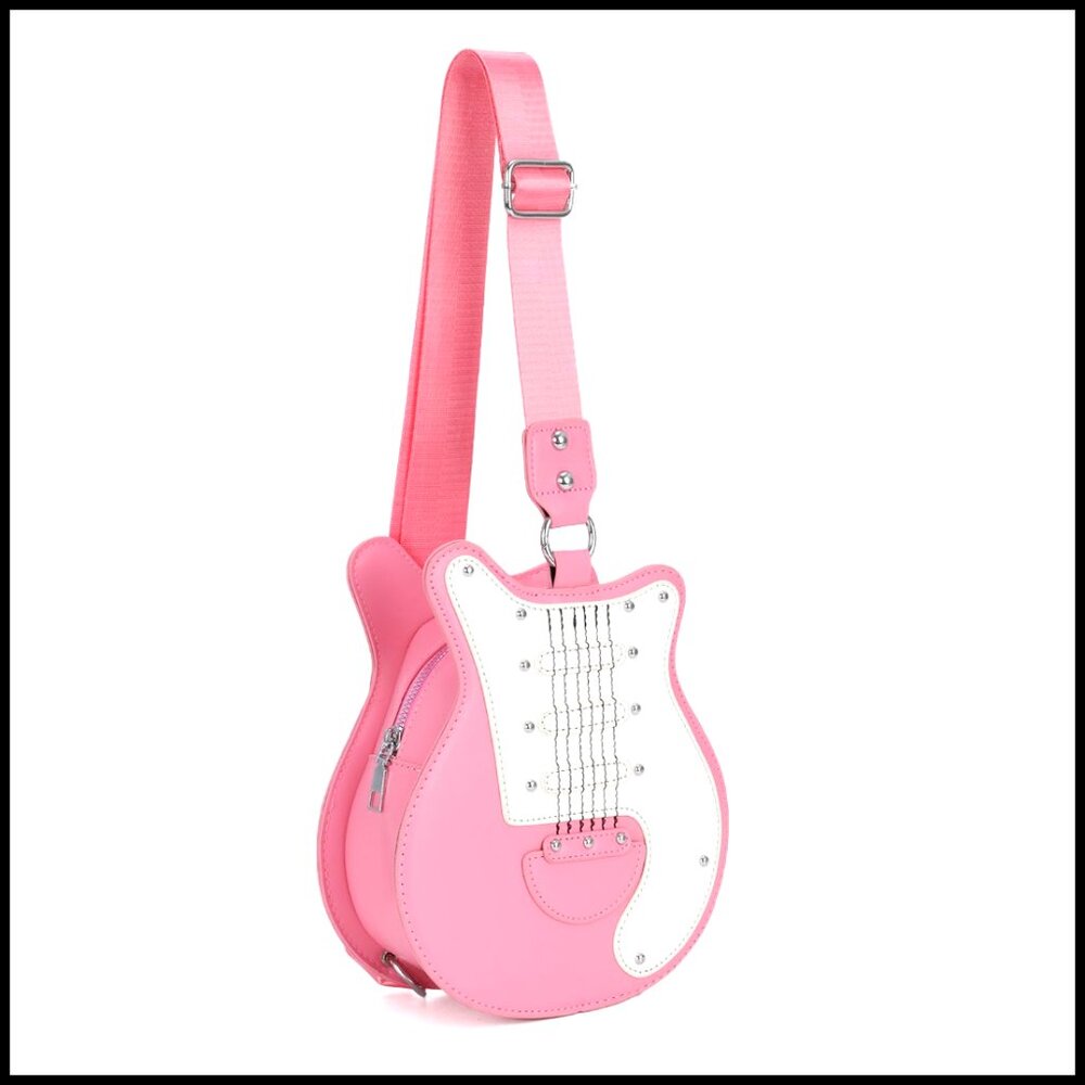 Guitar Shaped Shoulder Bag Crossbody Tote Rivet Decor Faux Leather Chic